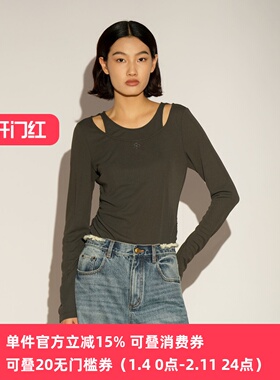 XG/雪歌26春新款假两件长袖T恤女圆领打底衫修身上衣XL101011A484