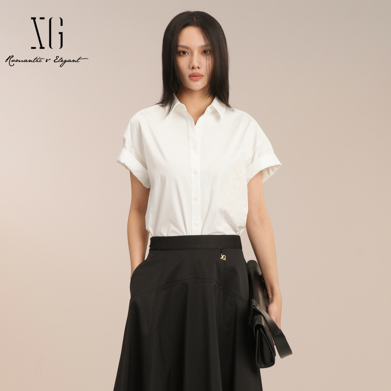 XG/雪歌轻薄落肩刺绣短袖衬衫女