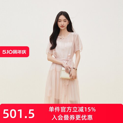 XG/雪歌收腰系带圆领短袖连衣裙