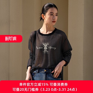 女圆领宽松薄款 微透针织衫 上衣XL111001B599 雪歌26春条纹长袖