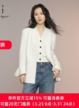 XG/雪歌2025年秋季新款白色优雅西装外套女短款西服XK307003A391