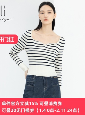 xg雪歌专柜正品条纹针织衫女套头2024春新款圆领毛衫XJ111006B199