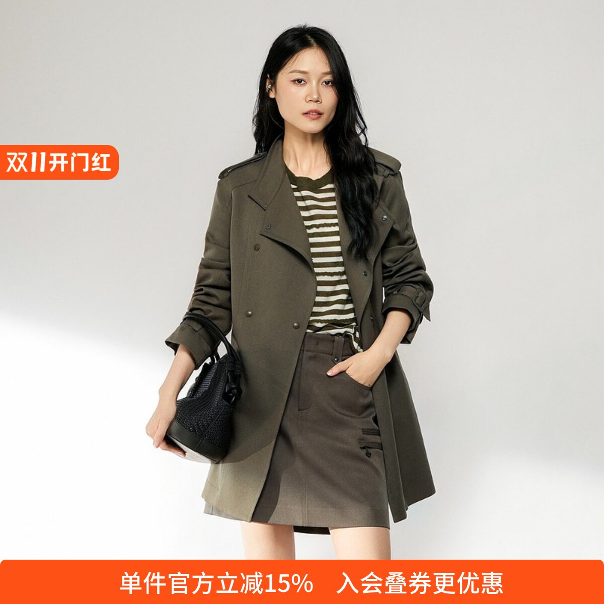 XG/雪歌英伦翻领双排扣风衣女