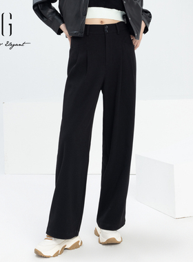 xg雪歌黑色宽松阔腿裤女高腰2024春季新款休闲长裤子XJ102006A190