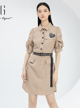 xg雪歌正品衬衫式连衣裙女短袖2024春季新款休闲中裙XJ104022A673