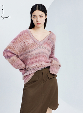 XG/雪歌V领宽松毛衣24秋季百搭针织衫新款洋气打底衫XJ311033B616