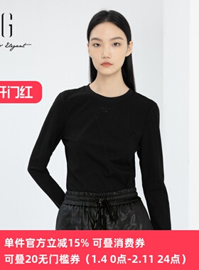 xg雪歌正品黑色长袖T恤女套头2024春季新款休闲上衣XJ101007A190