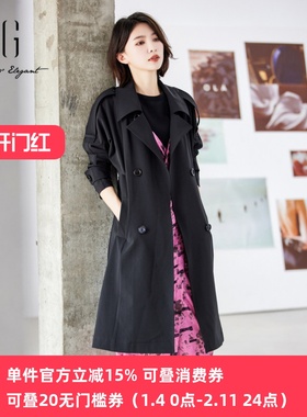 xg雪歌正品黑色直筒风衣女中长款2024春新款休闲外套XJ108008A390