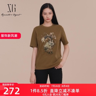 休闲上衣XK101014A273 雪歌纯棉圆领抽象印花T恤女短袖 25春新款
