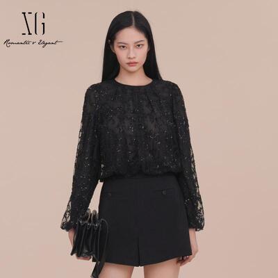 XG/雪歌手工珠片黑色衬衣女