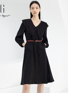 xg雪歌正品长袖连衣裙女v领2024春季新款休闲中长裙XJ104024A190