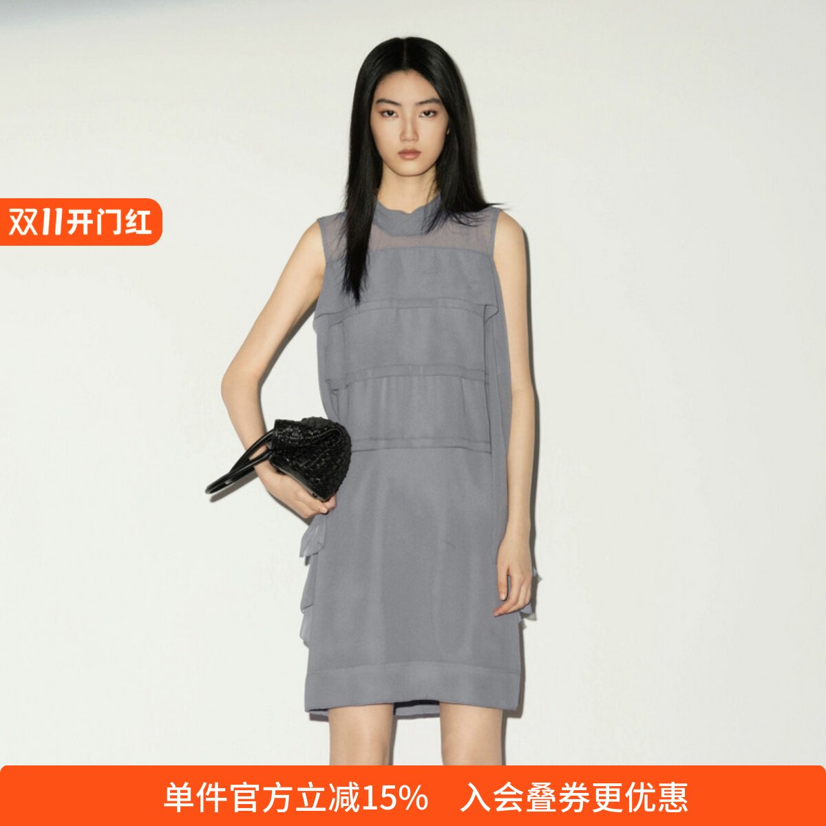 XG/雪歌简约立领无袖网纱连衣裙
