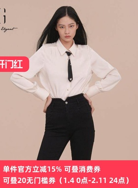 XG/雪歌2025年春装新款白色打底长袖领带衬衫女上衣XK121001A151