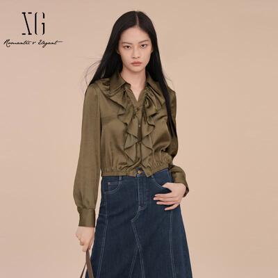 XG/雪歌设计感荷叶边V领衬衫女
