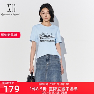 T恤女上衣XL201554A820 雪歌25夏季 新款 百搭度假风印花圆领短袖