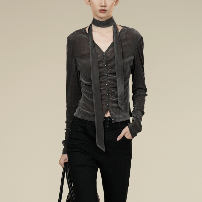 XG/雪歌V领系带丝绒长袖衬衫上衣