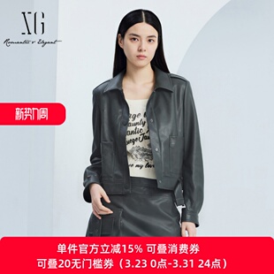 风皮衣短款 帅气工装 方领外套XJ307011A483 雪歌2024秋简约新款