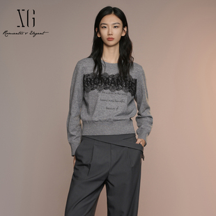 百搭蕾丝圆领针织衫 新款 女毛衣上衣XK311016A684 雪歌25年秋季