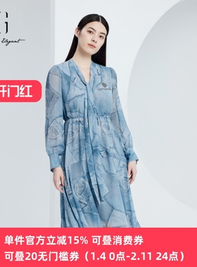 XG/雪歌波西米亚度假风长袖连衣裙24秋飘逸雪纺裙子XJ304010B397