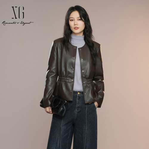 XG/雪歌百搭圆领PU皮衣外套女