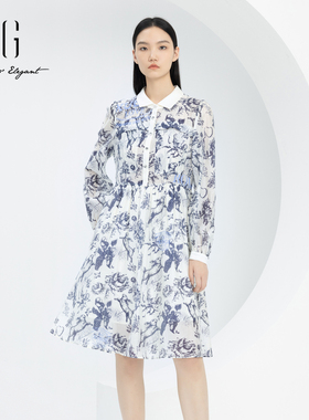 xg雪歌正品印花连衣裙女POLO领2024春新款休闲中长裙XJ104012B597