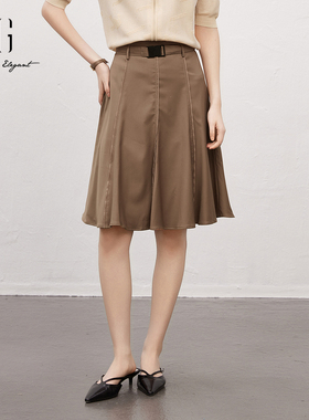 XG/雪歌复古高腰半身裙女25春新款通勤简约中长A字裙XK103017A373
