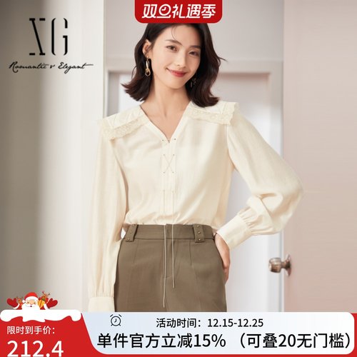 xg雪歌海军领蕾丝衬衫女