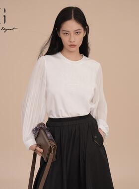 XG/雪歌网纱拼接白色T恤女长袖2025春款圆领百搭上衣XK101018A450