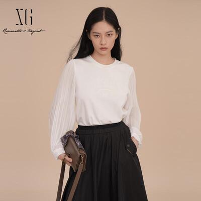 XG/雪歌网纱拼接白色T恤女长袖