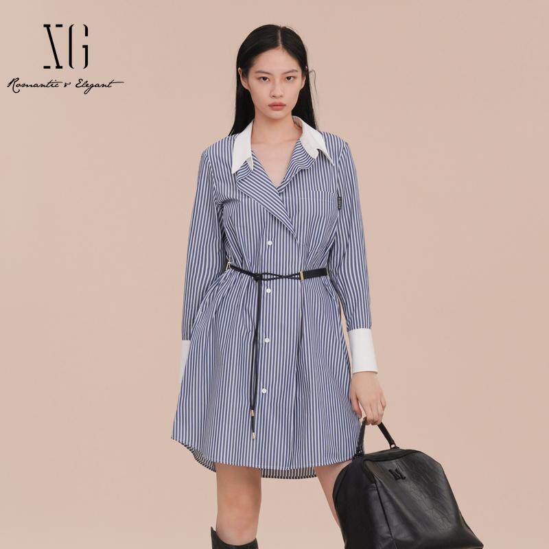 XG/雪歌显瘦条纹衬衫连衣裙女