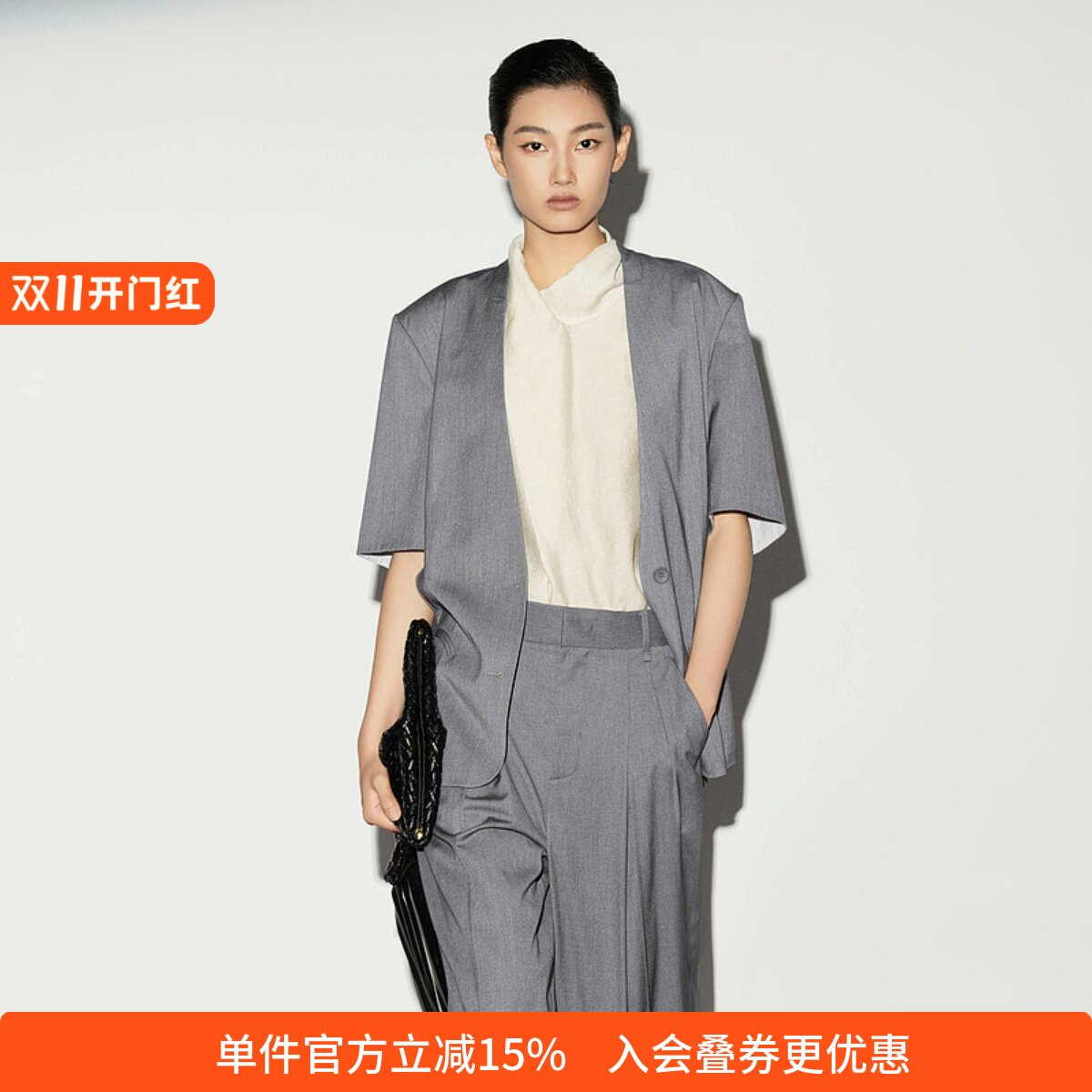 XG/雪歌通勤廓形无领短袖西装