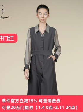 XG/雪歌2025年秋季衬衫领拼接假两件连衣裙女中长裙XK304003A481