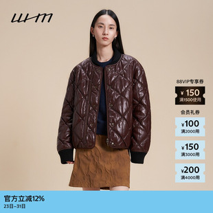 素然WHM 冬女士设计感羊毛拼接皮感复古绗缝棒球领夹克