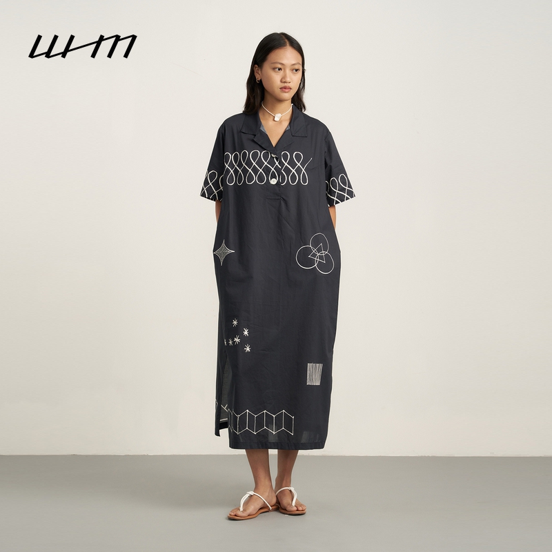 WHM印花薄棉布衬衫领短袖连衣裙