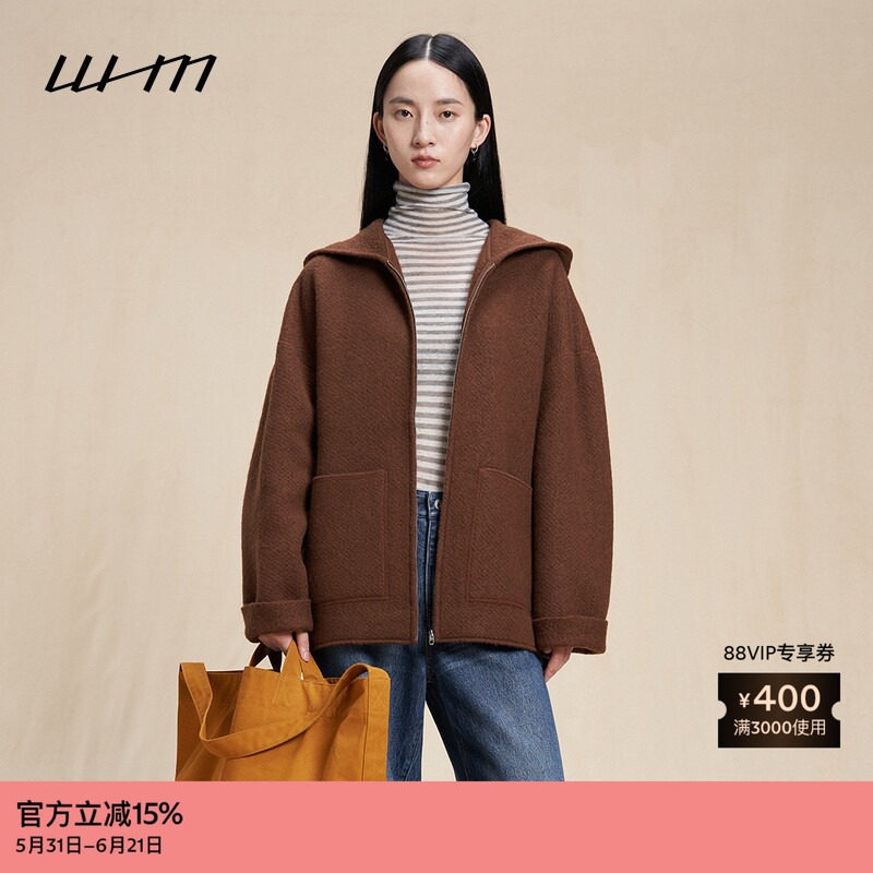 素然WHM 冬女士复古简约休闲设计感绒感针织呢连帽外套