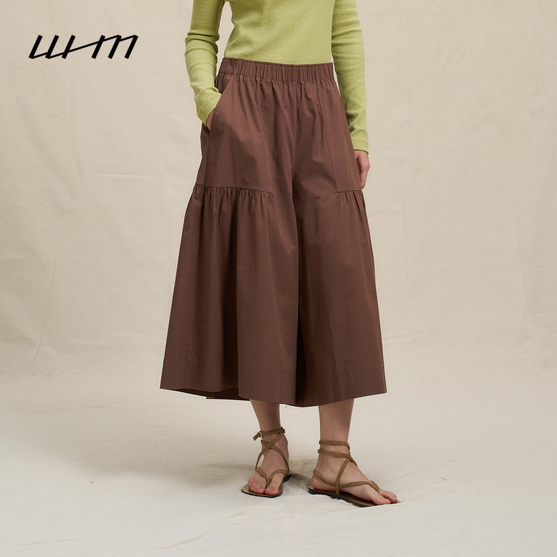 【新品】素然WHM 25夏季女士时尚斜纹强捻棉布抽褶宽松长裤