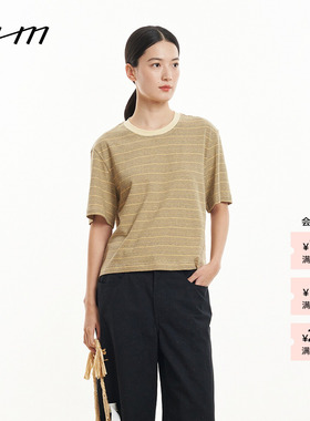 【新品】素然 WHM 26夏女士气质条纹汉麻针织布宽松圆领短袖T恤