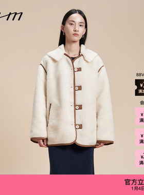 【新品】素然 WHM 25冬女士简约设计感连帽可拆卸羊驼羊羔毛外套