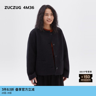 素然ZUCZUG 秋冬女士羊毛竖条针织呢圆领短大衣 4M36