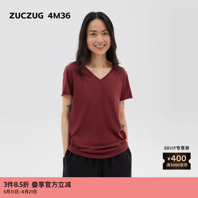 素然ZUCZUG 4m36 夏女士航海超薄柔软棉大V领短袖T恤
