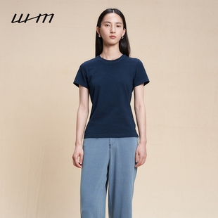 女士气质设计感靛蓝染针织布合体短袖 25秋季 新品 T恤 素然WHM