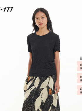 【新品】素然 WHM 26夏女士时尚气质肌理感褶皱光泽合体短袖T恤