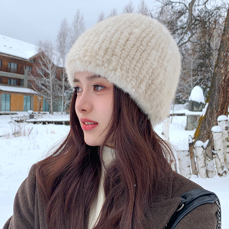 水貂双面编织弹力帽子百搭小圆帽休闲瓜皮帽冬季保暖女皮草帽子