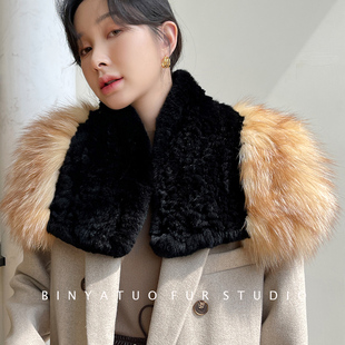 大气感皮草坎肩 獭兔毛配红狐狐狸毛真毛裘皮披肩大围脖围巾黑色