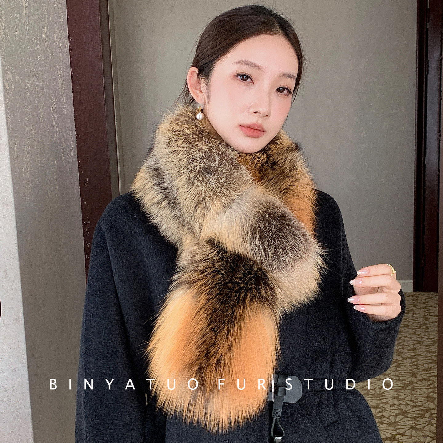 天然红狐原色整只狐狸毛大气感皮草宽版大围巾秋冬气场裘皮围脖女