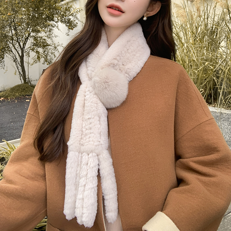 唯美流苏围巾獭兔毛编织真毛皮草围巾女冬季狐狸毛球气质围脖纯色