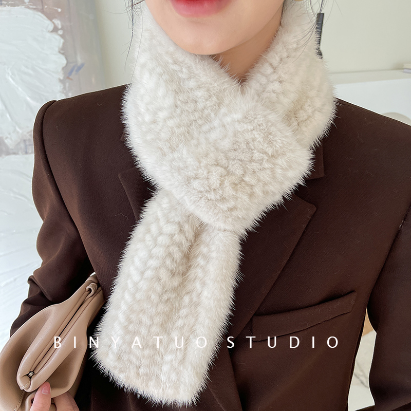 水貂毛双面编织中长款围巾冬季女士保暖皮草围脖真毛貂皮围巾脖套