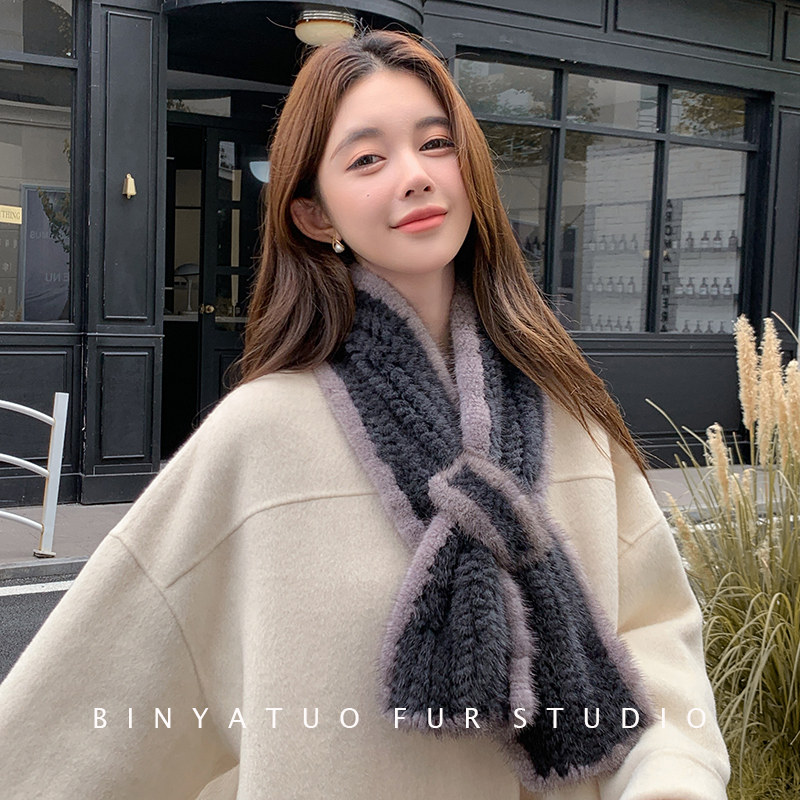 水貂毛编织中长款拼色围巾 秋冬女士气质皮草围脖真毛裘皮围巾女