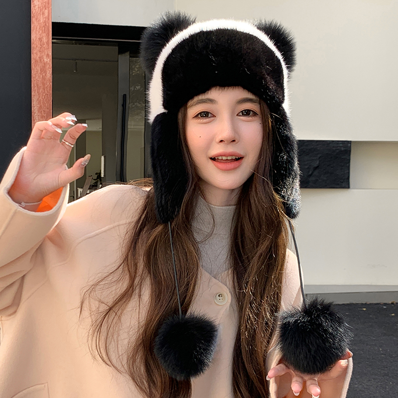 水貂皮毛一体真毛可爱小熊帽子 冬季保暖护耳裘皮女帽减龄皮草帽
