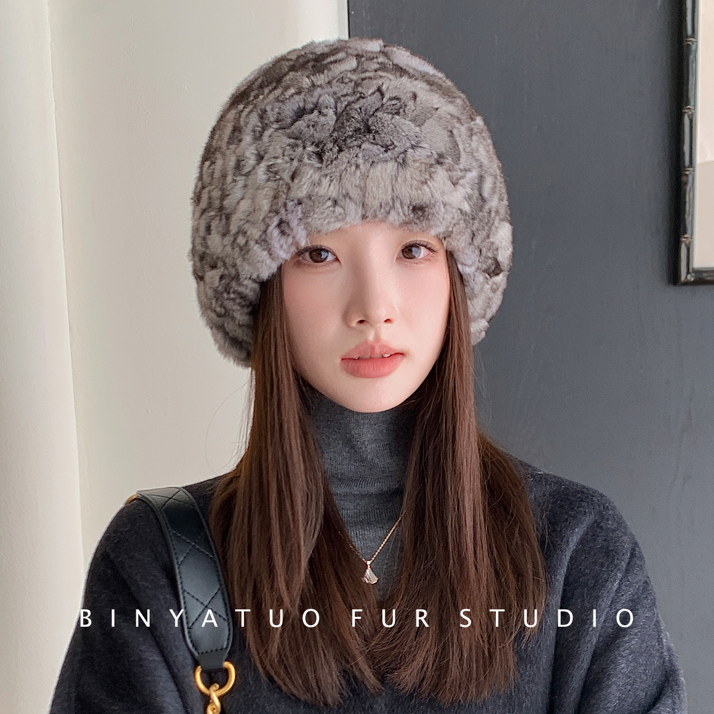 龙猫毛高密度编织护耳女帽